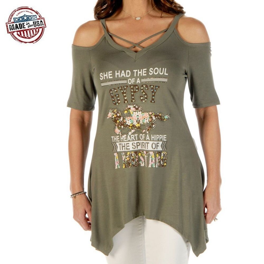 Liberty Wear Soul of a Gypsy Off the Shoulder Sage Green NWT
